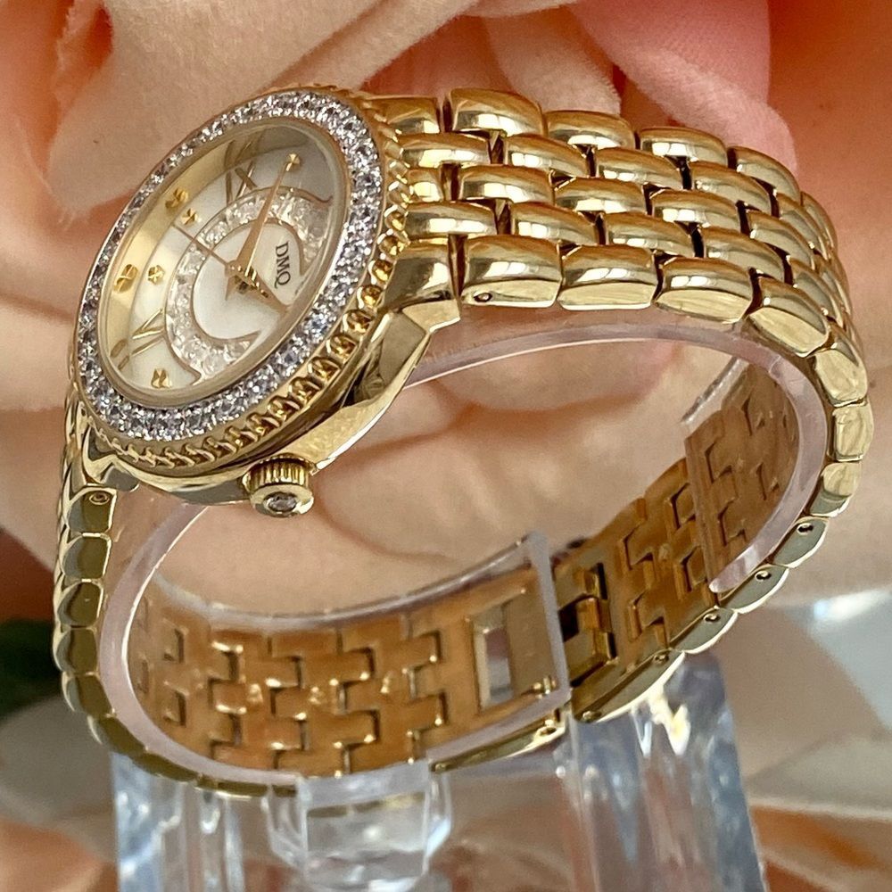 DMQ Diamonique CZ Bezel Mother of Pearl Dial Gold-Tone Dress Watch - Picture 7 of 16
